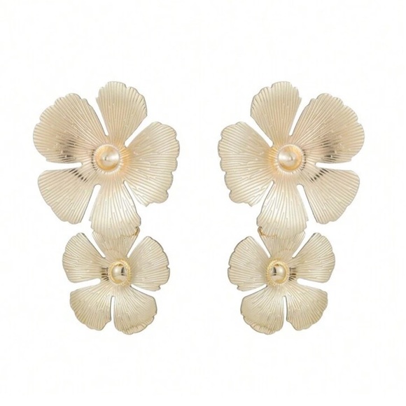 Double Flower Gold Drop Eearrings - Picture 9 of 17